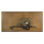 A FOUR-FOLD ‘HANAGURUMA FLOWER CART’ FOLDING FLOOR SCREEN, BYOBU JAPAN, SHOWA With signature