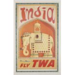 DAVID KLEIN India Fly TWA, 1950s Lithograph, 101 x 63.5 cm, mounted on linen