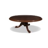 A VICTORIAN MAHOGANY OVAL SUPPER TABLE, on a pillar support and quadruped base (cut down).