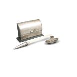 AN EDWARDIAN SILVER STATIONARY BOX; a silver handle paper knife; and a cut glass silver inkpot (3)