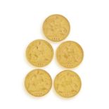 A GROUP OF HALF SOVEREIGN COINS, ONE VICTORIAN 1897, FOUR EDWARDIAN 1903, 1906, 1907, 1909,
