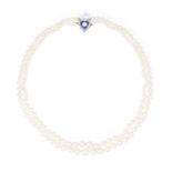 A CULTURED PEARL NECKLACE WITH DIAMOND AND ENAMEL CLASP The double rows with graduating cultured