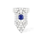 AN ART DECO SAPPHIRE AND DIAMOND CLIP, CIRCA 1930 Set with a cushion-shaped sapphire within