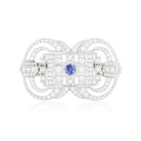 A SAPPHIRE AND DIAMOND BROOCH The openwork brooch set with a central circular-cut sapphire,