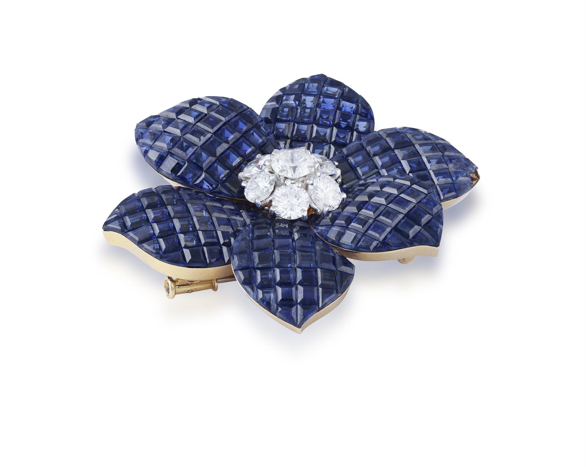 A RARE & COLLECTIBLE MYSTERY-SET SAPPHIRE AND DIAMOND FLOWER BROOCH, BY VAN CLEEF & ARPELS The - Image 2 of 14