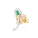 AN EMERALD AND DIAMOND BROOCH, CIRCA 1950 Modelled as a stylised flower, the pistil set with an