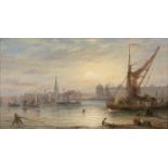 James Richard Marquis RHA (1833 - 1885) A Busy City River Landscape at Sundown Oil on canvas, 28.