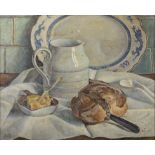 Hilda von Stockum (1908-2006) Still Life with Bread and Pottery Oil on canvas, 37 x 45cm (14½ x