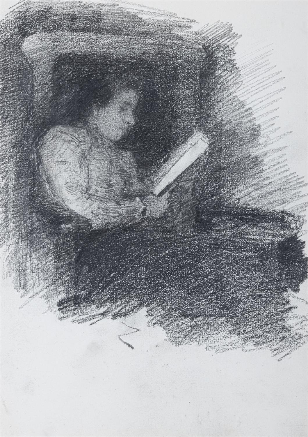 John Butler Yeats RHA (1839-1922) In The Library (possibly Lily reading) Pencil,