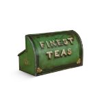 A TOLEWARE SHOP DISPLAY TEA BIN, painted green with 'FINEST TEA' on one side, and three tea
