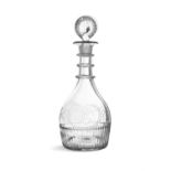 A FULL-SZIE BLOWN AND MOULDED MALLET SHAPED DECANTER c.1800, CORK GLASS COMPANY, with three milled