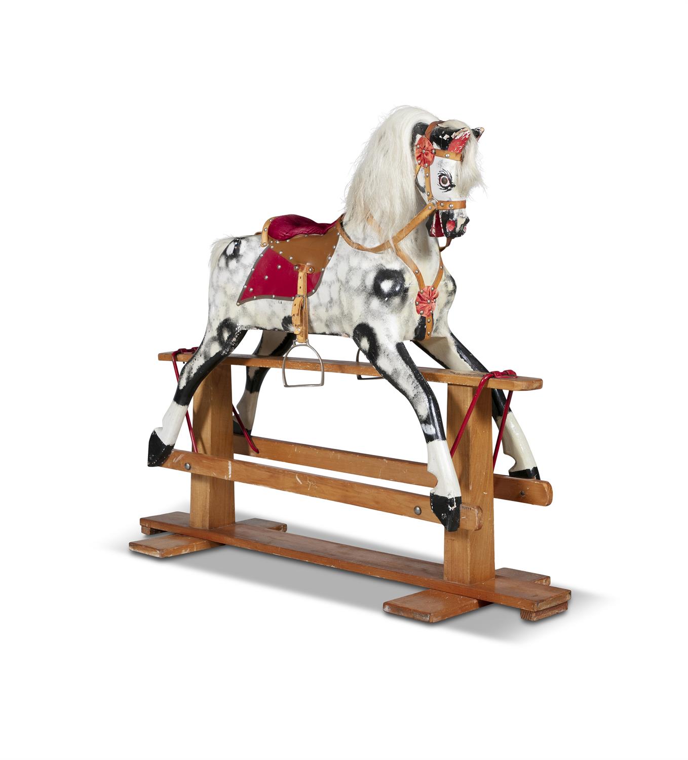 A 19TH CENTURY PAINTED TIMBER ROCKING HORSE, on a hinged swing support with pendulum movement, - Bild 2 aus 3