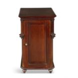 A 19TH CENTURY MAHOGANY SQUARE PEDESTAL, on toupee feet with single door cupboard,