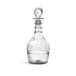 A FULL-SIZE BLOWN, MOULDED AND CUT DECANTER c.1790, probably Penrose, with three milled neck rings,