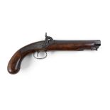 A 19TH CENTURY PERCUSSION PISTOL, Alnwick reblued octagonal barrel with swivel ramrod,