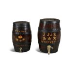 A PAIR OF STAINED ONE OAK SPIRIT BARRELS, of coopered construction gilt lettered 'Powers' with logo,