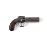 AN AMERICAN 19TH CENTURY PERCUSSIAN PEPPERBOX REVOLVER, six shots with walnut stock, New York. 19cm.