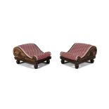 A PAIR OF REGENCY ROSEWOOD FRAMED UPHOLSTERED FOOT STOOLS, of scroll form and with anthemion motifs