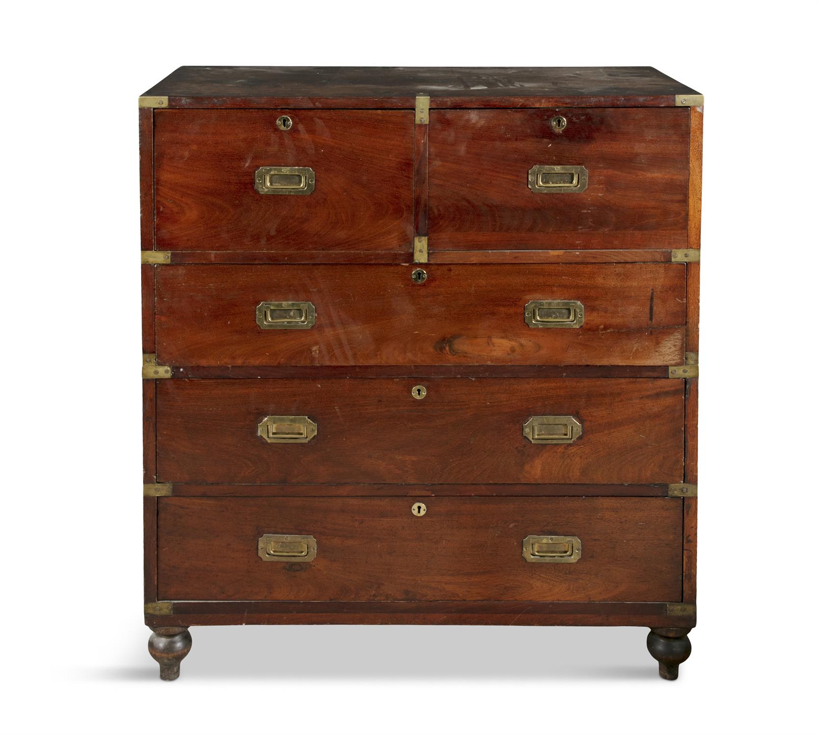 A MAHOGANY AND BRASS MOUNTED SECRETAIRE MILITARY CHEST, early 19th century, in two sections,