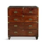 A MAHOGANY AND BRASS MOUNTED SECRETAIRE MILITARY CHEST, early 19th century, in two sections,