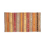 A KONYA TURKISH WOOL RUG, woven in a series of broad and narrow horizontal stripes in orange,