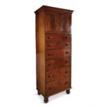 A VICTORIAN MAHOGANY UPRIGHT CABINET, with moulded cornice above twin fielded panel doors and six