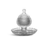 A WATERFORD GLOBULAR HONEY JAR, COVER AND STAND c.1840, sharply cut overall with diamonds,