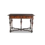 A WILLIAM AND MARY STYLE STAINED ELM RECTANGULAR SIDE TABLE, the crossbanded top with moulded rim