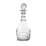 A CORK GLASS COMPANY FULL-SIZE MALLET SHAPED DECANTER, with three milled neck rings,