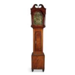 A VICTORIAN MAHOGANY LONGCASE CLOCK, with swan neck pediment, above an archtop hood door enclosing