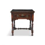 AN ENGLISH 18TH CENTURY STAINED OAK SIDE TABLE, the two piece top with moulded rim above a single