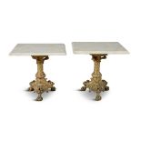 A PAIR OF 19TH CENTURY FRENCH BRONZE DORÉ AND MARBLE TOPPED LOW OCCASIONAL TABLES,