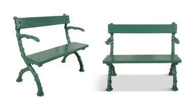 A PAIR OF VICTORIAN CAST IRON TWO SEAT GARDEN BENCHES, of naturalistic branch form,