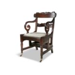 A WILLIAM IV MAHOGANY METAMORPHIC LIBRARY CHAIR, connecting to a library steps with rail back and