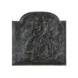 A FRENCH ‘DE COUSANCE’ CAST IRON FIREBACK, of square arch top form, depicting a seated woman with