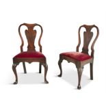 A PAIR OF IRISH MAHOGANY SIDE CHAIRS, c.1740, the shaped backs with baluster profile splats,
