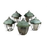 A SET OF FIVE BRONZE LANTERNS, of octagonal tapering design. 77cm high Provenance: formerly