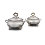 A NEAR PAIR OF REGENCY SILVER SOUP TUREENS, London 1814, mark of Benjamin Smith and London 1828,