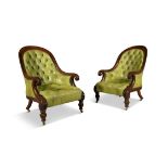 A PAIR OF WILLIAM IV MAHOGANY FRAMED TUB BACK LIBRARY CHAIRS, the button back upholstered in lime