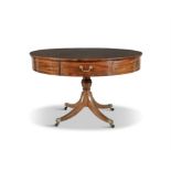 A REGENCY INLAID MAHOGANY CIRCULAR DRUM TABLE, the radial veneered crossbanded top with centre