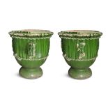 A PAIR OF EARLY 20TH CENTURY GREEN GLAZED ANDUZ ORANGERY URNS. 79cm diameter, 80cm high