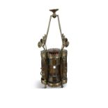 A VICTORIAN BRASS FRAME HALL LANTERN OF QUATREFOIL FORM with stained glass panels and tubular
