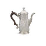 A FINE GEORGE III SILVER COFFEE POT, lacking marks, of tapering cylindrical form,