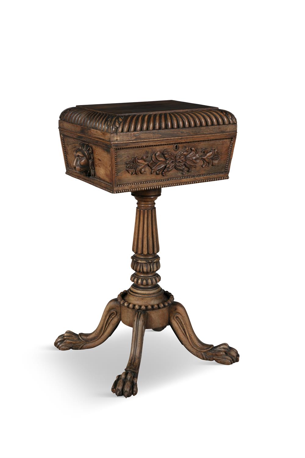 A WILLIAM IV ROSEWOOD TEAPOY OF SARCOPHAGUS SHAPE, ATTRIBUTED TO GILLOWS, the hinged lid