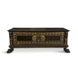 AN ITALIAN EARLY 19TH CENTURY WOOD AND PARCEL GILT RECTANGULAR CASSONE, of long rectangular form,