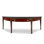 A GEORGE III INLAID MAHOGANY SEMI-ELLIPTICAL SIDE TABLE, with satinwood crossbanded top above a