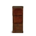 A 19TH CENTURY MAHOGANY UPRIGHT CABINET, the square top above fluted frieze over an arrangement