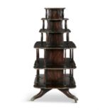 A SIMULATED ROSEWOOD FOUR TIER GRADUATED SQUARE WHAT NOT, on turned centre pillar and quadruped