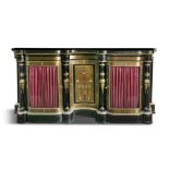 A VICTORIAN BOULLE AND EBON INLAID SERPENTINE FRONT SIDEBOARD, the central concave cupboard