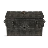 A WROUGHT IRON NUREMBERG CHEST, 17th century, the strapwork body with hinged lid,